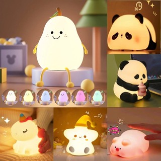 Rechargeable LED Cute Cartoon  Panda/Duck/Star/Unicorn/Pig/Dinosaur Pat Night Light  Up USB Timing Silicone Touch Sensor Eye Caring  Animal Lamp Bedroom Sleeping Light  Birthday Gi