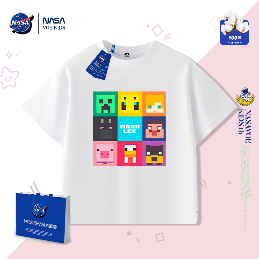 พร้อมส่งภายใน 24 ชม. NASAVOEBABY เด็กแขนสั้นเด็กชายแขนสั้นสไตล์เกาหลีลายการ์ตูนเสื้อยืดผ้าฝ้ายแท้ 100%