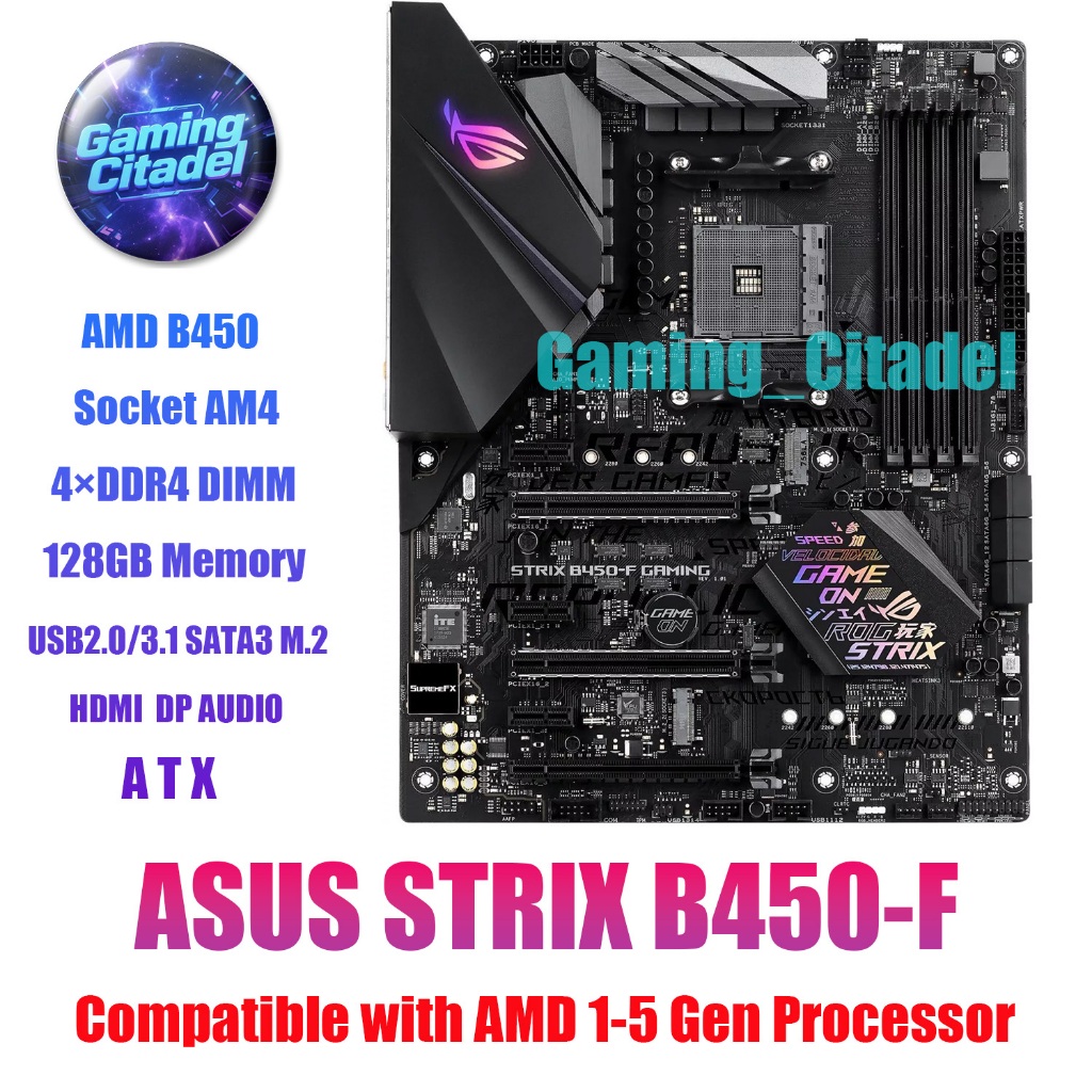 ใช้เมนบอร์ด ASUS STRIX B450-F GAMING DDR4 AMD AM4 เข้ากันได้กับโปรเซสเซอร์ AM4 1-5 Gen ผ่านการทดสอบ