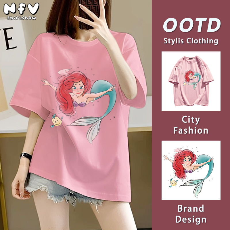 NFV แฟชั่นเกาหลี✨เสื้อยืด oversize เสื้อยืดผู้หญิงพิมพ์ลายนางเงือกสุดแฟนตาซี  ใส่สบาย ใส่สบายไม่รัดตัว ผ้าคอตตอน 100% เนื้อผ้านุ่ม ระบายอากาศ YG26
