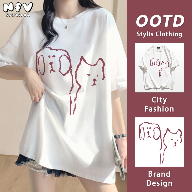 NFV มาใหม่💗ลายพิมพ์สัตว์ลายเส้น เสื้อยืด oversize ทันสมัย ผ้าคอตตอน 100% เนื้อผ้านุ่ม ใส่สบาย YG246