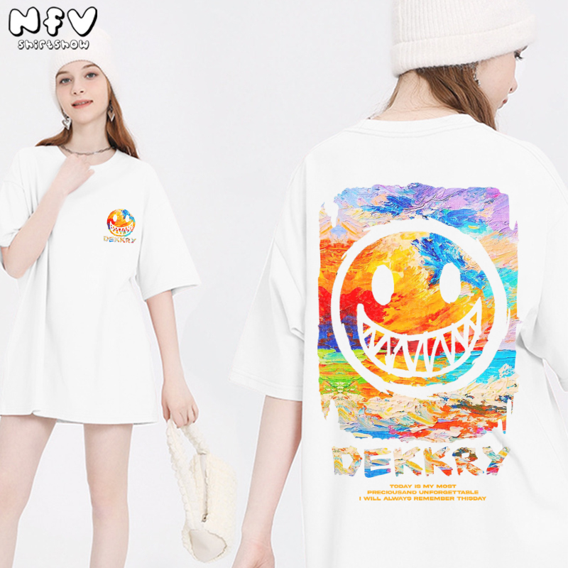 NFV แฟชั่นเกาหลี✨เสื้อยืด oversize ใส่สบาย ลายพิมพ์รูปยิ้ม  ใส่สบายไม่รัดตัว ผ้าคอตตอน 100% เนื้อผ้านุ่ม ระบายอากาศ YG1015