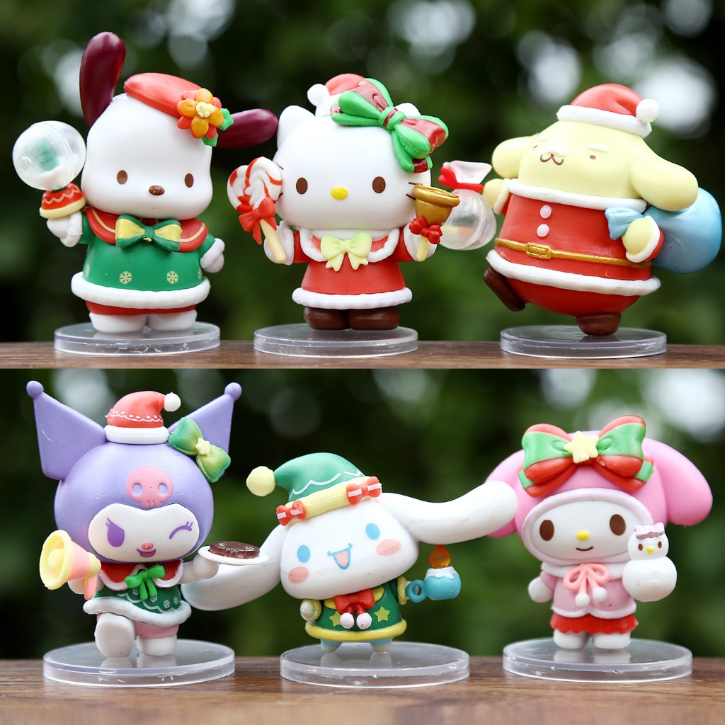 6 ชิ้น/เซ็ต 5-9 ซม.อะนิเมะ Christmas Series My Melody Kuromi Hello Kitty Cinnamoroll Pom Pom Purin รุ่น Q PVC ตัวเลขการกระทําตุ๊กตาของเล่น