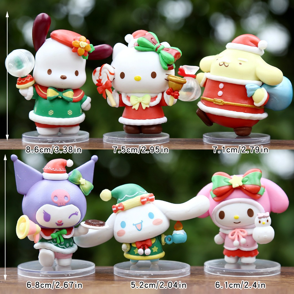 6 ชิ้น/เซ็ต 5-9 ซม.อะนิเมะ Christmas Series My Melody Kuromi Hello Kitty Cinnamoroll Pom Pom Purin รุ่น Q PVC ตัวเลขการกระทําตุ๊กตาของเล่น - รูปที่ 4