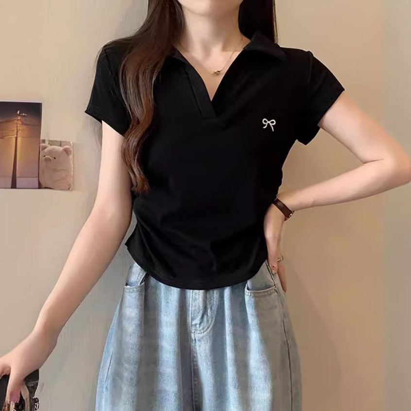 โบว์เย็บปักถักร้อยเสื้อโปโลสําหรับผู้หญิงแขนสั้นเกาหลีสลิมเสื้อลําลองสี่สีที่มีอยู่ - รูปที่ 3