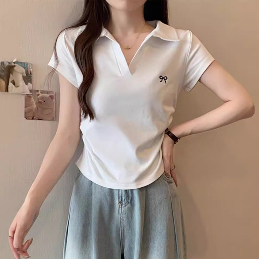 โบว์เย็บปักถักร้อยเสื้อโปโลสําหรับผู้หญิงแขนสั้นเกาหลีสลิมเสื้อลําลองสี่สีที่มีอยู่ - รูปที่ 4