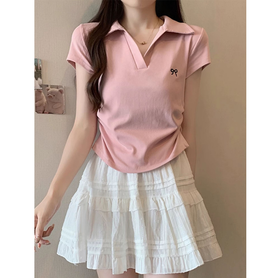 โบว์เย็บปักถักร้อยเสื้อโปโลสําหรับผู้หญิงแขนสั้นเกาหลีสลิมเสื้อลําลองสี่สีที่มีอยู่ - รูปที่ 6