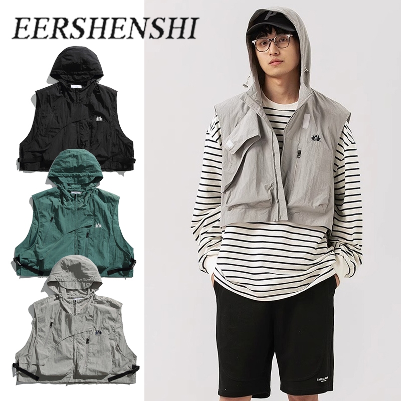 EERSHENSHI เสื้อกั๊กสั้นมีฮู้ดแขนกุดสไตล์ย้อนยุคสไตล์ญี่ปุ่นสำหรับผู้ชายคู่รักบน