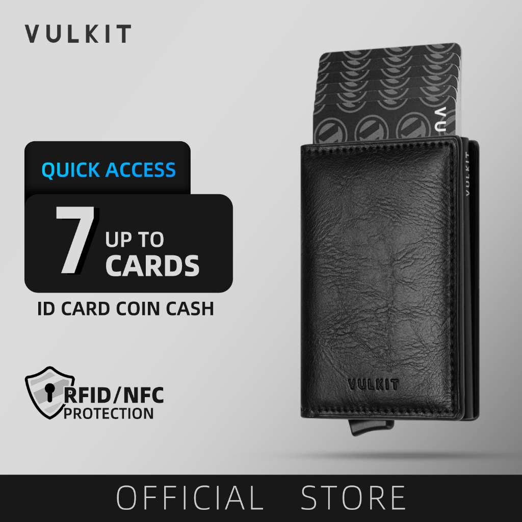 VULKIT- ที่วางบัตรเครดิตอะลูมิเนียม RFID Blocking Leather Pop Up Magnetic Wallet-VC200