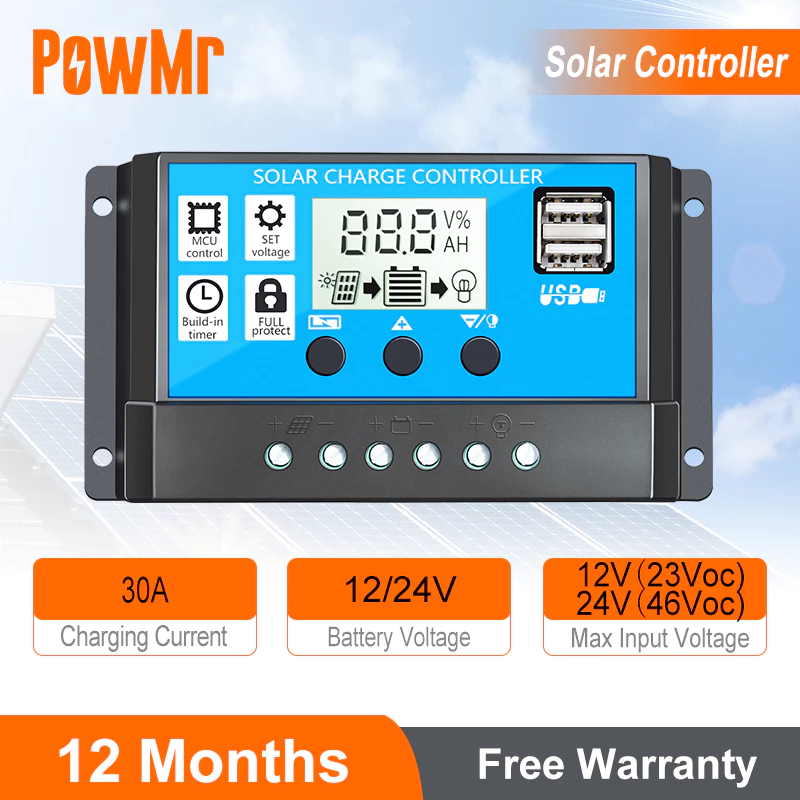PowMr 30A PWM Solar Charger Controller 12V 24V แบตเตอรี่ Charger LCD Dual USB แผงพลังงานแสงอาทิตย์ตัวควบคุมสําหรับสูงสุด 48V PV อินพุต RBL