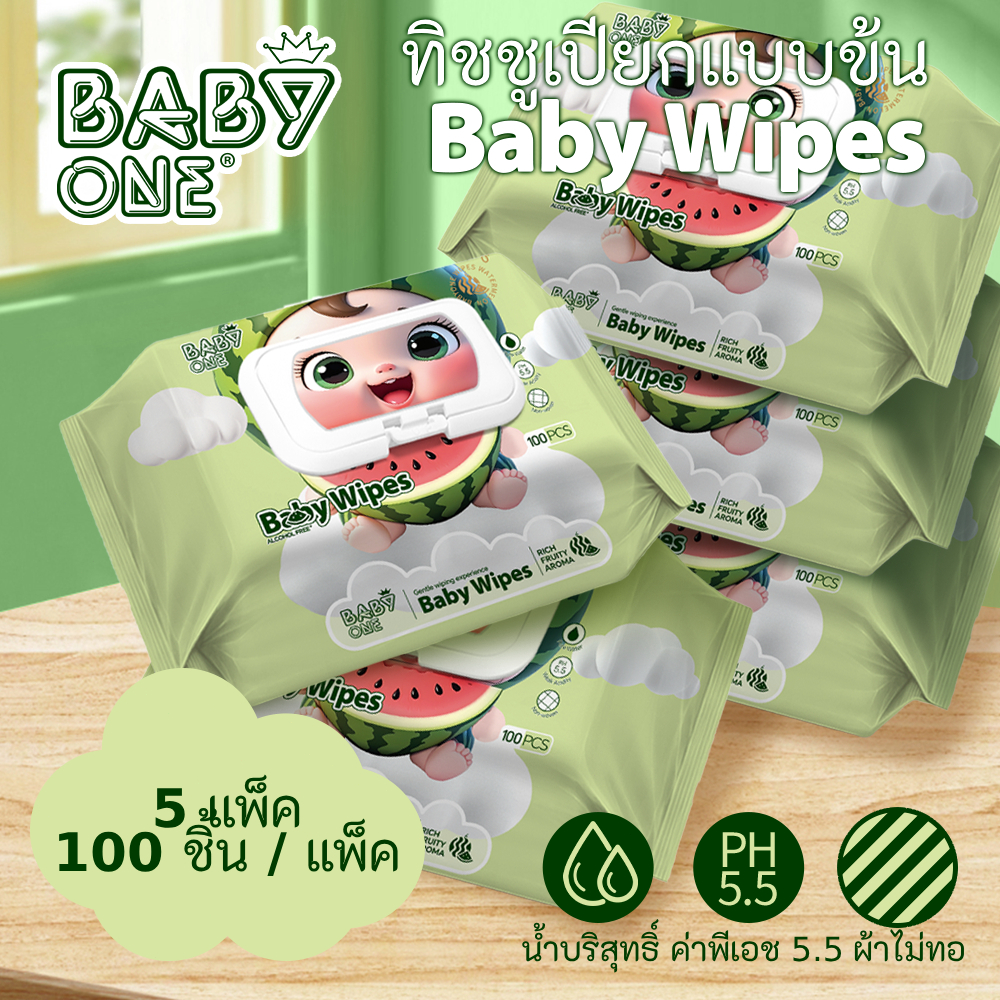BABYONE 5 แพ็ค 100 แผ่นผ้าเช็ดทําความสะอาดเปียกสําหรับเด็กฟรุ๊ตตี้กลิ่นหอมปราศจากแอลกอฮอล์ผ้าเช็ดทําความสะอาดผ้าฝ้ายแบบใช้แล้วทิ้งอ่อนโยน