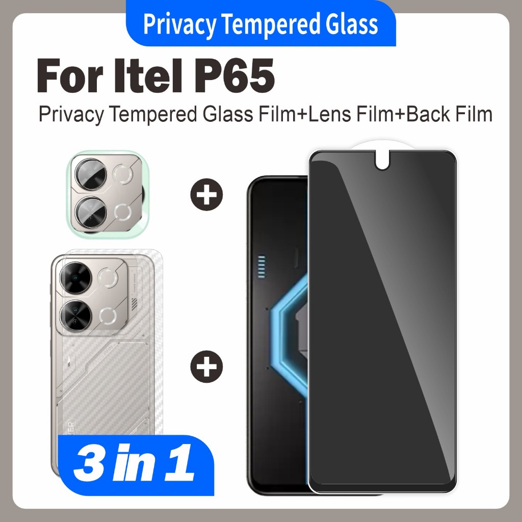 เหมาะสําหรับ Itel P65: 3-in-1 ฟิล์มกันรอยหน้าจอ HD + ฟิล์มเลนส์กล้อง + ฟิล์มหลังคาร์บอนไฟเบอร์
