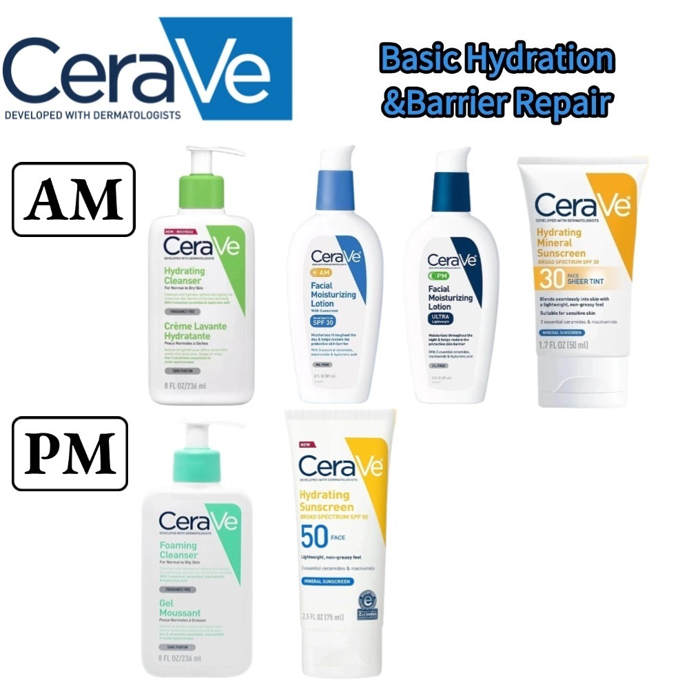 CeraVe Basic Hydration&Barrier Repair,Cleanser&Moisturizer&Sunscreen