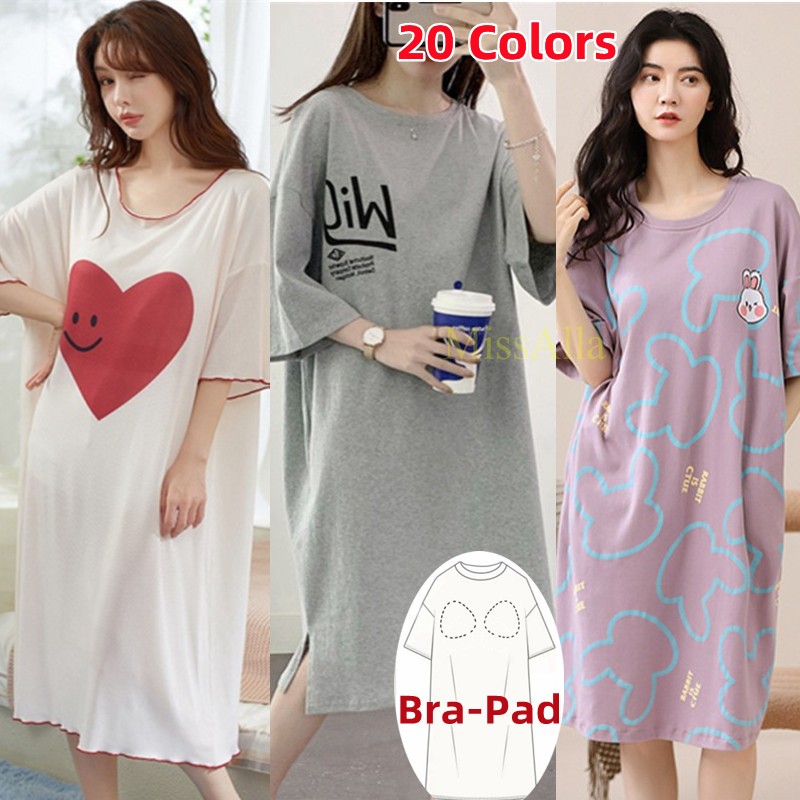 ฤดูร้อนหลวม Bra Pad Nightdress สําหรับผู้หญิงแขนสั้นกลางความยาวชุดราตรีชุดนอน Plus ขนาด