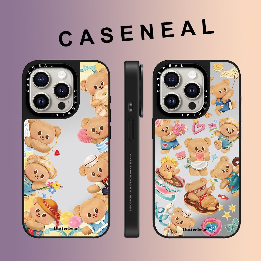 CASENEAL Graffiti การ์ตูนน่ารักเนยหมีกระจกใบหน้าเคสโทรศัพท์สําหรับiPhone 16 Pro Max 15 Plus 14 ProMax 13 12Pro 12 11 โทรศัพท์กันกระแทกขอบนุ่มฮาร์ดป้องกันกรณี