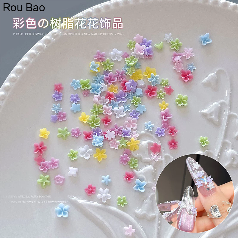 Rou Bao 100 ชิ้นเล็บผสมดอกไม้ห้ากลีบสีสันสดใส Girly เล็บเรซิน Art DIY Charms ตกแต่ง