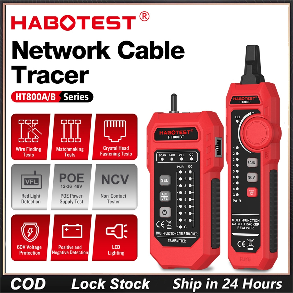 HABOTEST HT800 เครื่องวิเคราะห์เครือข่ายสายเคเบิล RJ45 RJ11 เครื่องทดสอบสายเคเบิล CAT5 CAT6 ตัวติดตา
