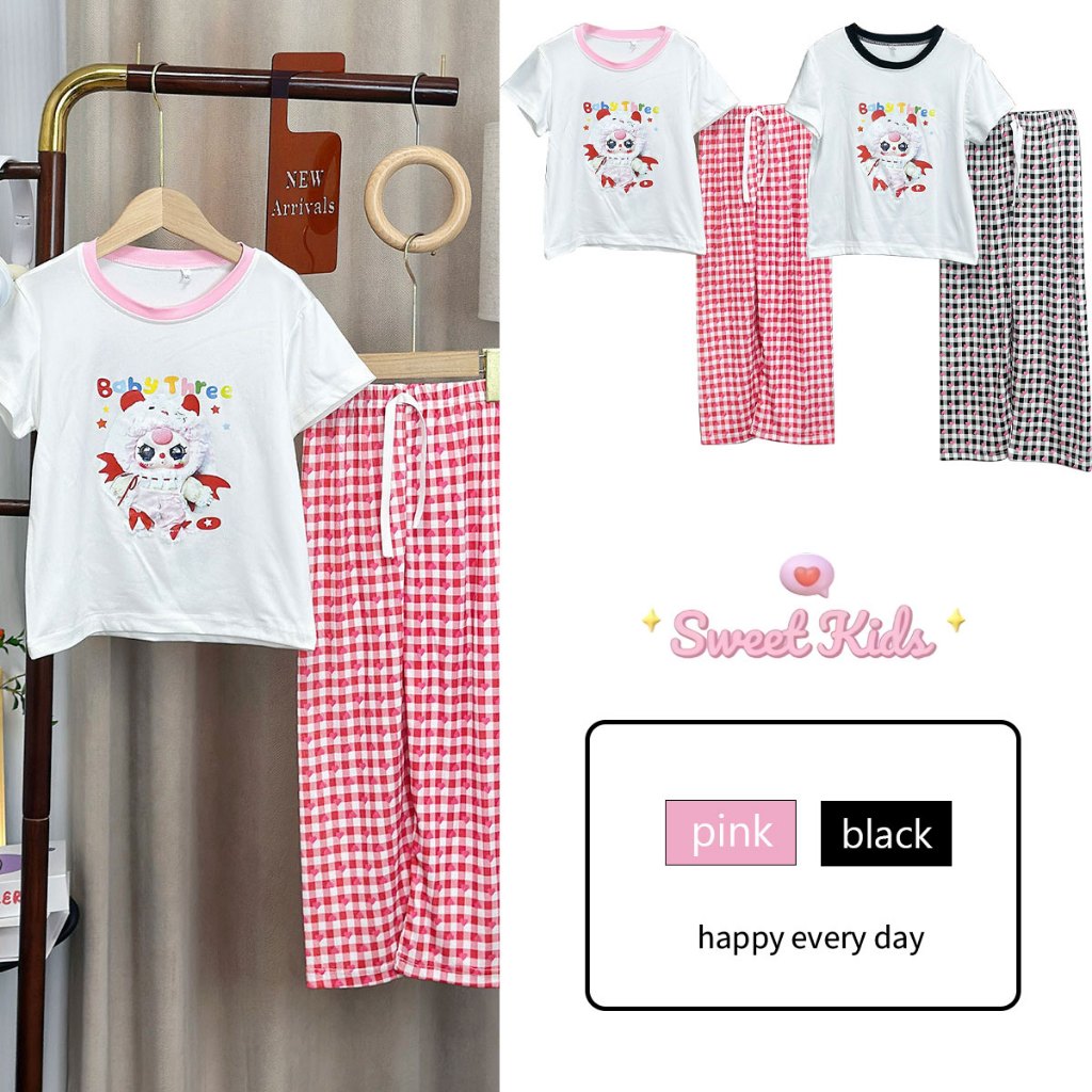 SweetKids พร้อมส่งจากกทม ชุดเด็กลำลอง ชุดเซ็ทฤดูร้อนสำหรับเด็กผู้หญิง เสื้อยืดแขนสั้นสไตล์เกาหลีใหม่ กางเกงขายาวลายสก๊อต ชุดสองชิ้น