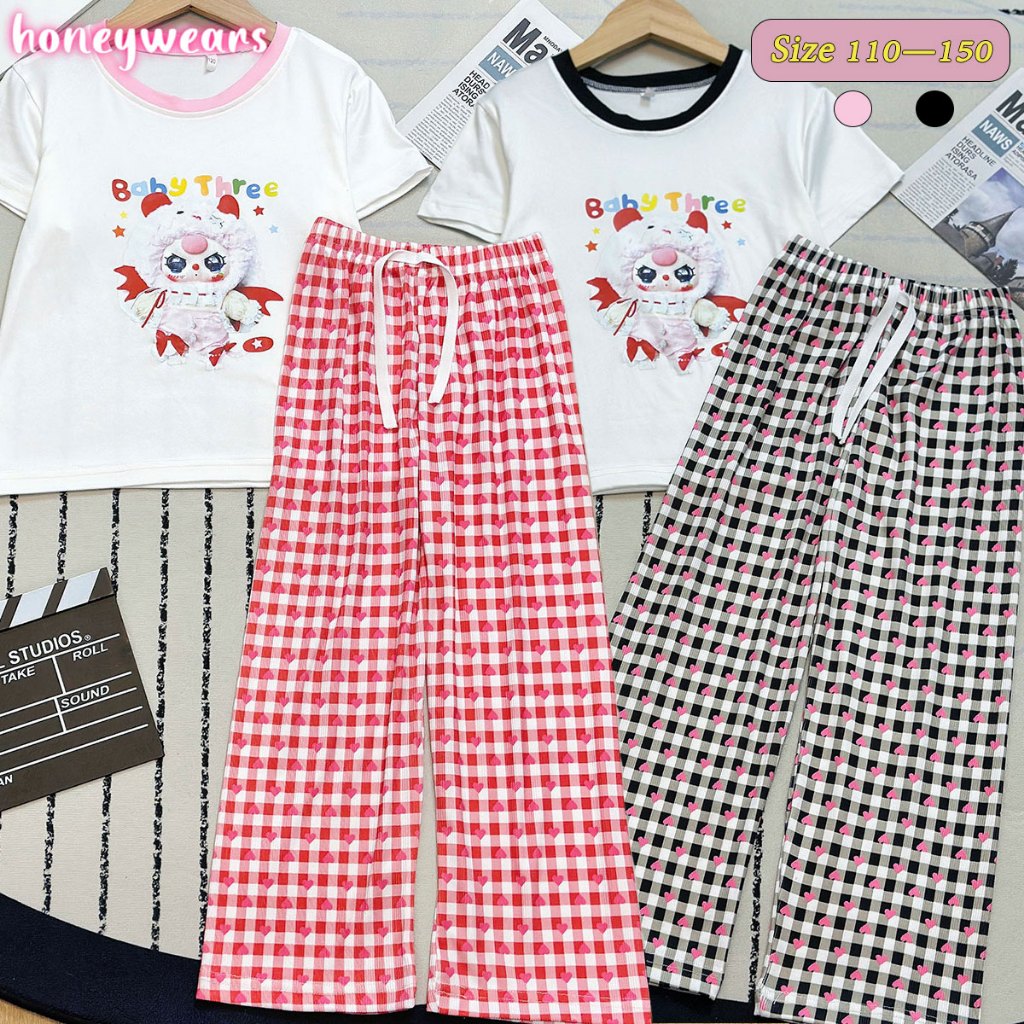 honeywears⚡️พร้อมส่ง⚡️ชุดเซ็ทเด็กแฟชั่น เสื้อแขนสั้นลายการ์ตูนน่ารัก กางเกงขายาวลำอลง สำหรับเด็กผู้หญิง ฤดูร้อน ไซส์ 110-150