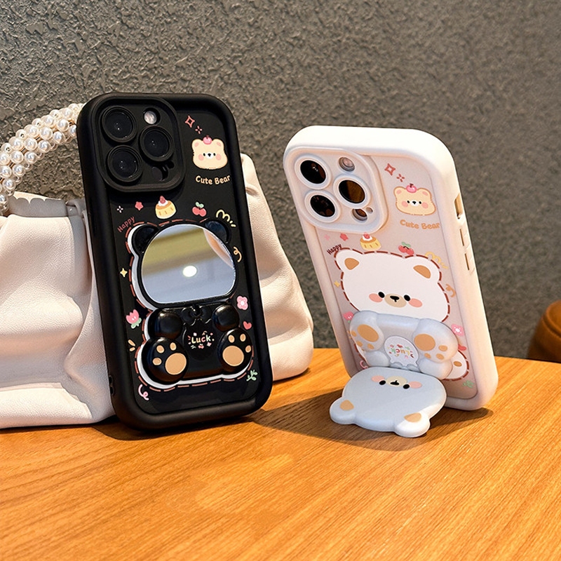 สําหรับRealme 11 12 13 14 15 Pro Plus 11X 12X 14X 15T 5Gหมายเหตุ50 C63 C61 C67 C71 C75 C53 C51 หมีน้อยเคสโทรศัพท์นุ่มพร้อมกระจกผู้ถือ