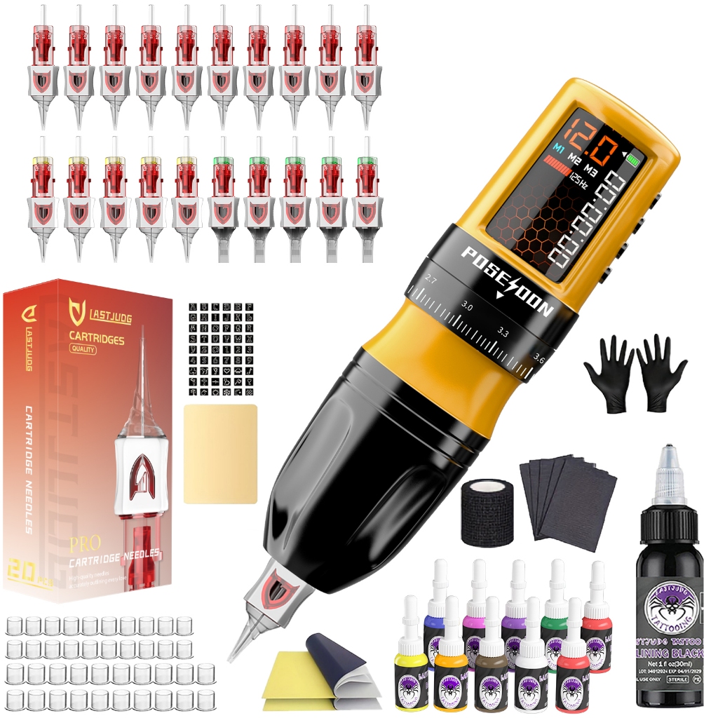 POSEIDON Tattoo Pen Set- เครื่องสักไร้สายพร้อมตลับเข็มสัก 20 ชิ้น, แหล่งจ่ายไฟ 2300mAh และอุปกรณ์สักสําหรับศิลปิน