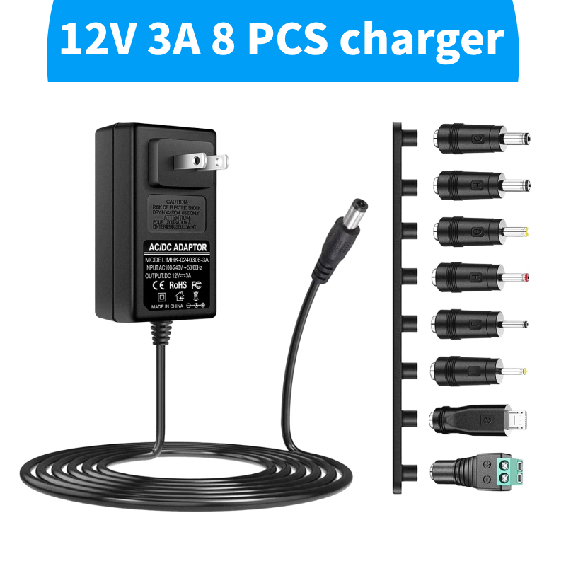 12V 3A อะแดปเตอร์ AC Power Supply Charger [12 โวลต์ 3 แอมป์ Switching Power] พร้อมปลั๊ก DC เปลี่ยนได้ 8 ปลั๊กสําหรับ 500mA 600mA 700mA 800mA 900mA 1000mA 1500mA 2000mA อุปกรณ์