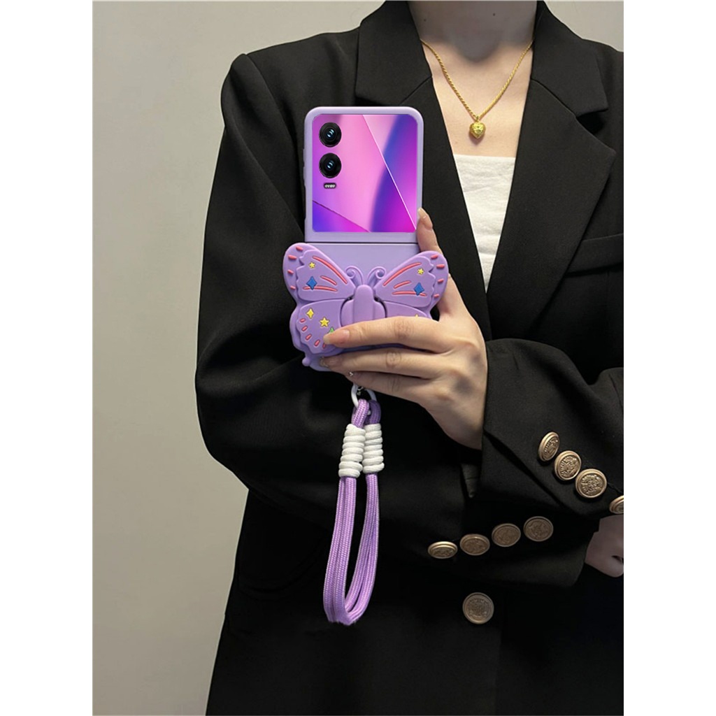 Insเกาหลีสีม่วงเคสโทรศัพท์ซิลิโคนผีเสื้อสายคล้องมือสําหรับInfinix Zero Flip Tecno Phantom V Flip2 Hard Cover