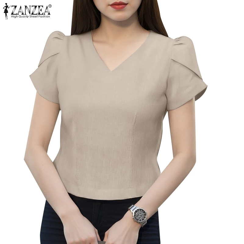 ZANZEA ผู้หญิงเกาหลี Elegant V คอกลีบแขนสีทึบเสื้อไม่สม่ําเสมอ