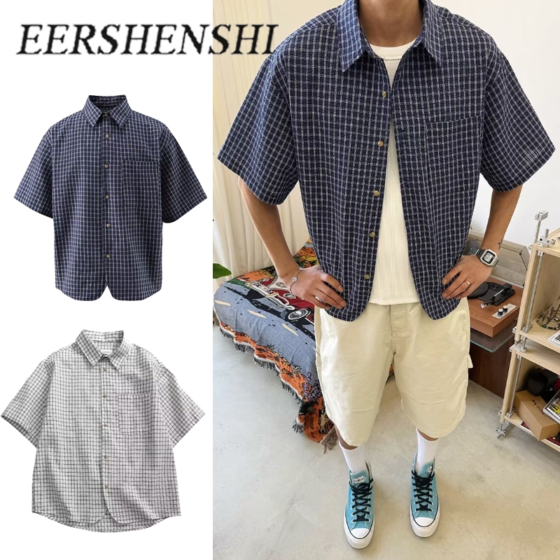 เสื้อเอร์เชนชิ สไตล์อเมริกัน ลายสก๊อต แขนสั้น สำหรับผู้ชาย Designed in Korea