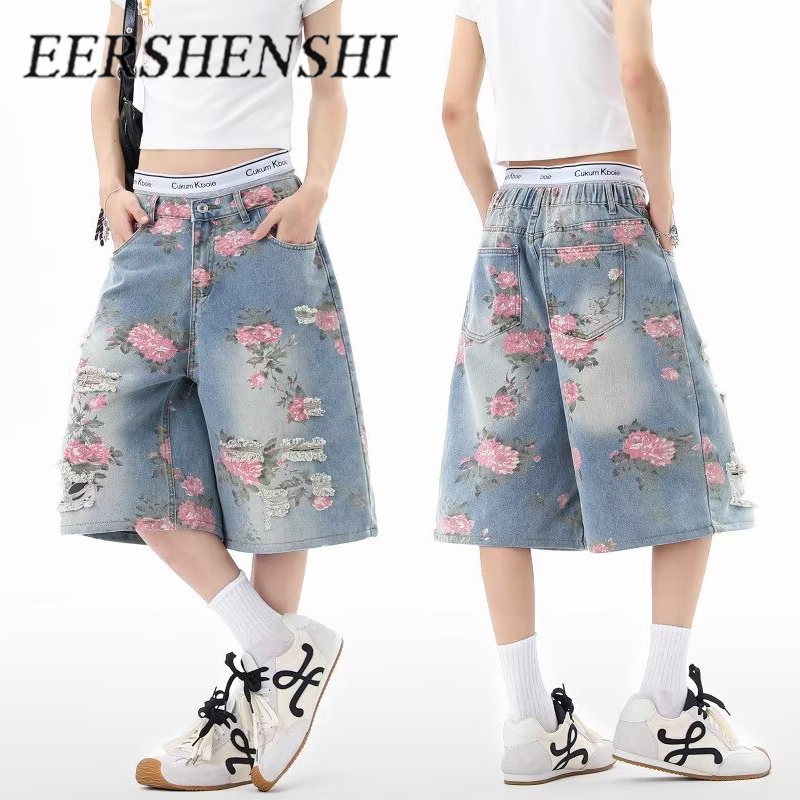 EERSHENSHI กางเกงขาสั้นยีนส์ขาดๆ ลายดอกไม้สำหรับหน้าร้อนสำหรับคู่รัก สไตล์เกาหลี