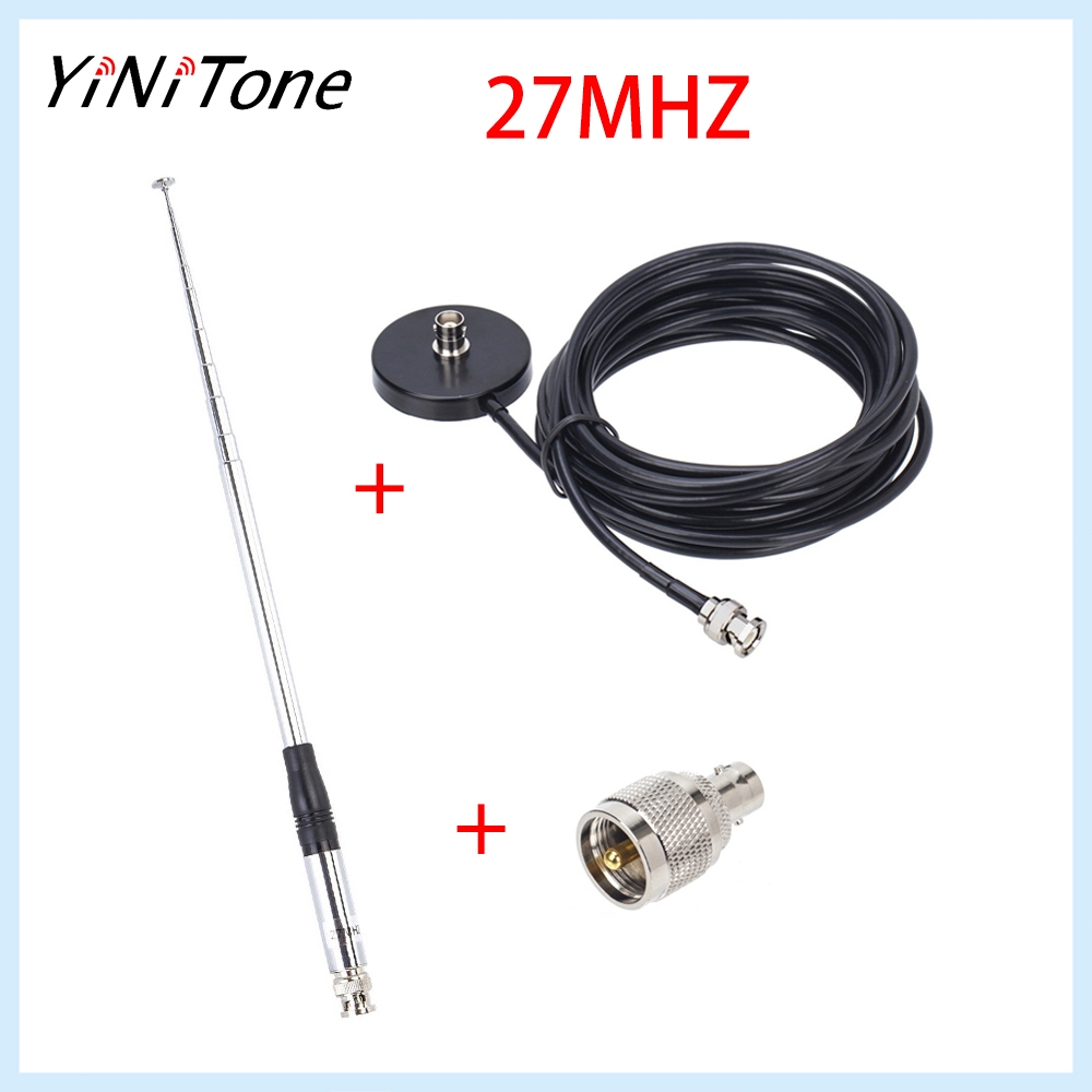 เสาอากาศ CB แบบยืดไสลด์ 27MHz 9–51 นิ้วพร้อมฐานแม่เหล็ก, สาย RG58 5M, ขั้วต่อ BNC และอะแดปเตอร์ BNC ถึง PL259 สําหรับวิทยุมือถือหรือมือถือ