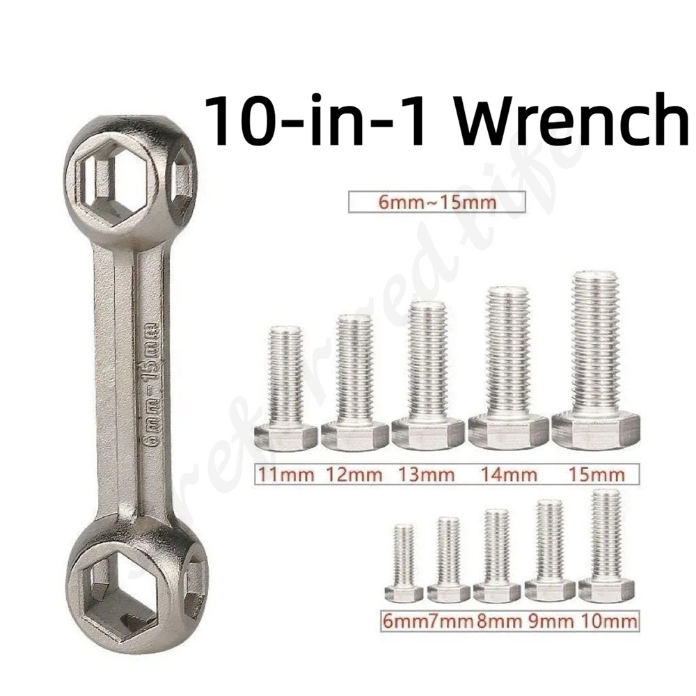 6-15 มม. 10-in-1 แบบพกพาประแจกระดูกสุนัข Rust-proof Multi-function หกเหลี่ยมสกรูประแจเครื่องมือซ่อมจักรยาน