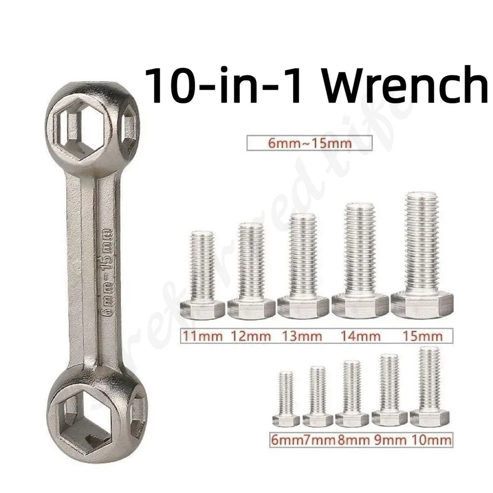6-15 มม. 10-in-1 แบบพกพาประแจกระดูกสุนัข Rust-proof Multi-function หกเหลี่ยมสกรูประแจเครื่องมือซ่อมจักรยาน