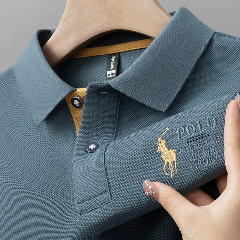 เสื้อโปโลแขนสั้นสำหรับผู้ชาย สีน้ำเงินเข้ม สไตล์ casual high-end