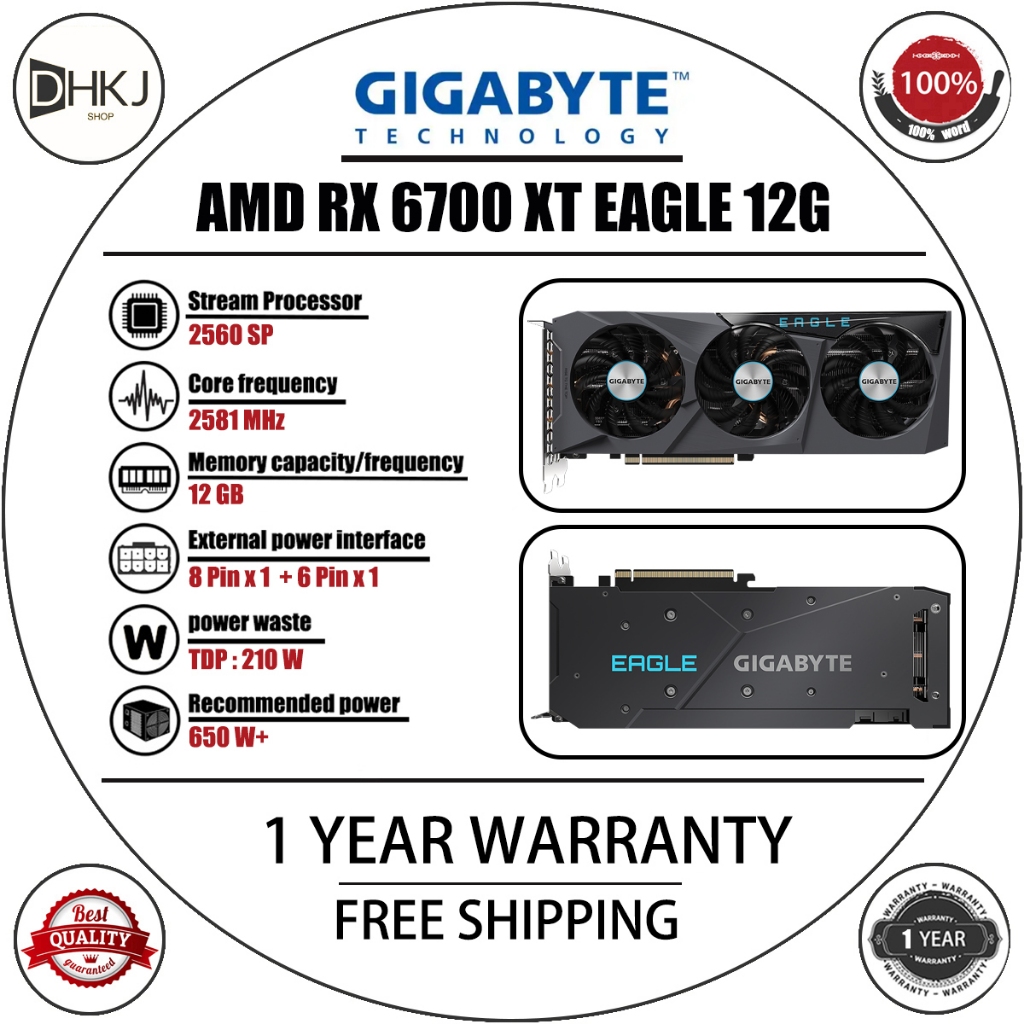 USED GIGABYTE RX 6700 XT EAGLE 12G กราฟิกการ์ด 12GB 2560SP GDDR6 8GB รับประกัน 1 ปี