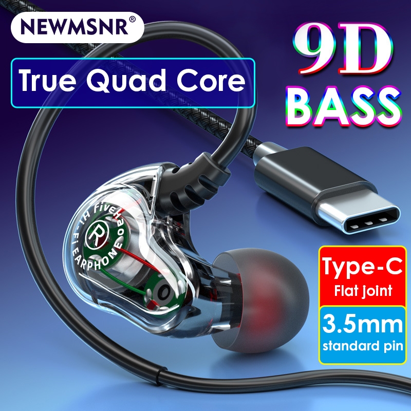 Newmsnr 610A Type C หูฟังแบบมีสาย 9D แยกเสียงรบกวน Quad Core ไดนามิกคู่ การออกแบบโปร่งใส พร้อมไมโครโฟน
