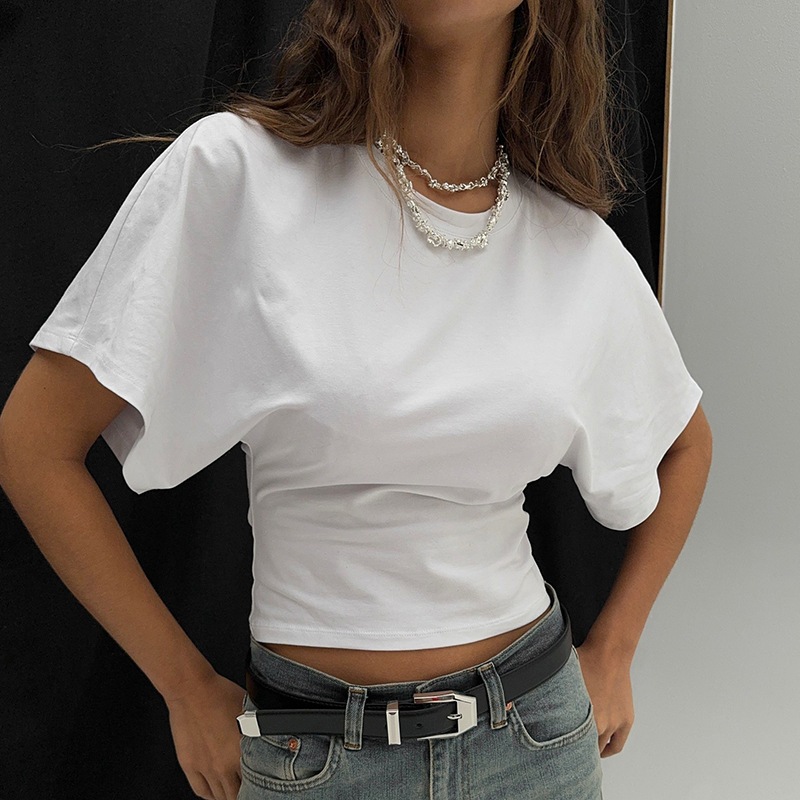 DOZW Women's O-Neck Solid Grey Casual T-Shirt เสื้อครอปรัดรูป