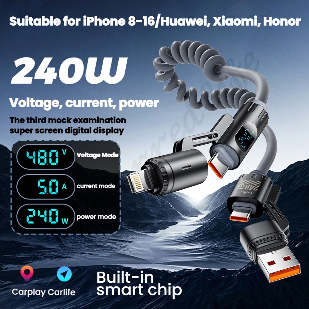 2025 240W สายชาร์จขดลวดแบบพับเก็บได้ 4-in-1 [ได้รับการรับรอง MFi] สายชาร์จเร็วในรถยนต์ PD27W/65W/240