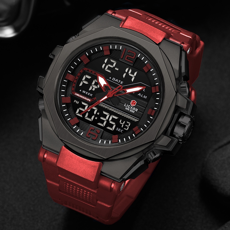ลิคาร์ แบรนด์ชั้นนําแฟชั่นกีฬากันน้ํานาฬิกาผู้ชายปลุกปฏิทินแสงกันกระแทกนาฬิกาจับเวลานับถอยหลัง 9542