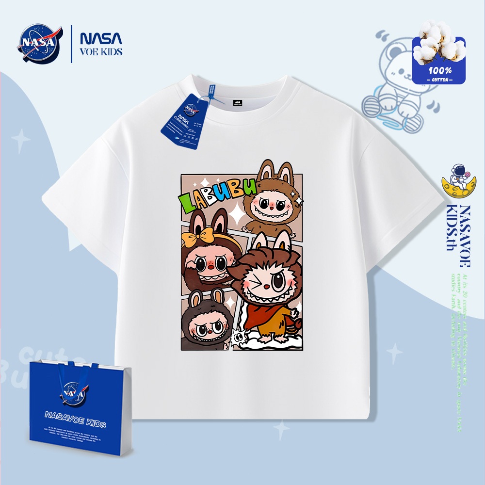 NASAVOEBABY เสื้อยืดแขนสั้นเด็ก labubu น่ารักพิมพ์เด็กชายแขนสั้นเกาหลีรุ่นผ้าฝ้ายเสื้อยืด