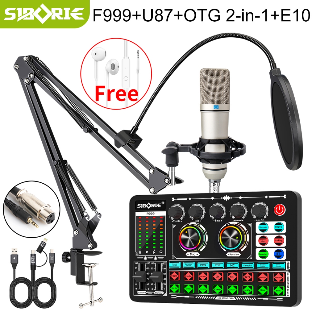 Siborie F999 Soundcard + U87-5V Mic + E10 ชุดหูฟัง + สายOTG 2 in 1 สร้างเอฟเฟกต์ระดับสตูดิโอระดับมือ