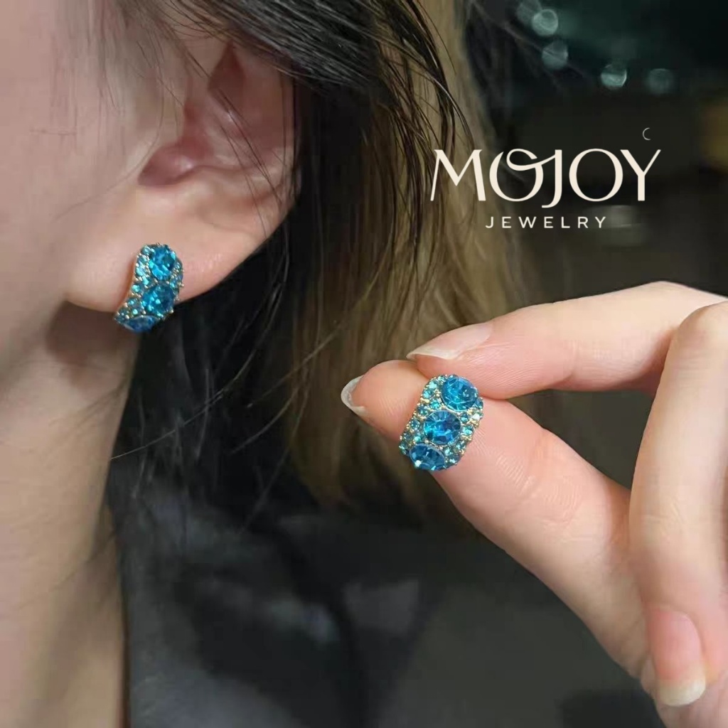 MOJOY ต่างหูรูปตัว C เพชรสีฟ้า หรูหรา เครื่องประดับสำหรับผู้หญิง เป็นของขวัญวันหยุดที่perfect