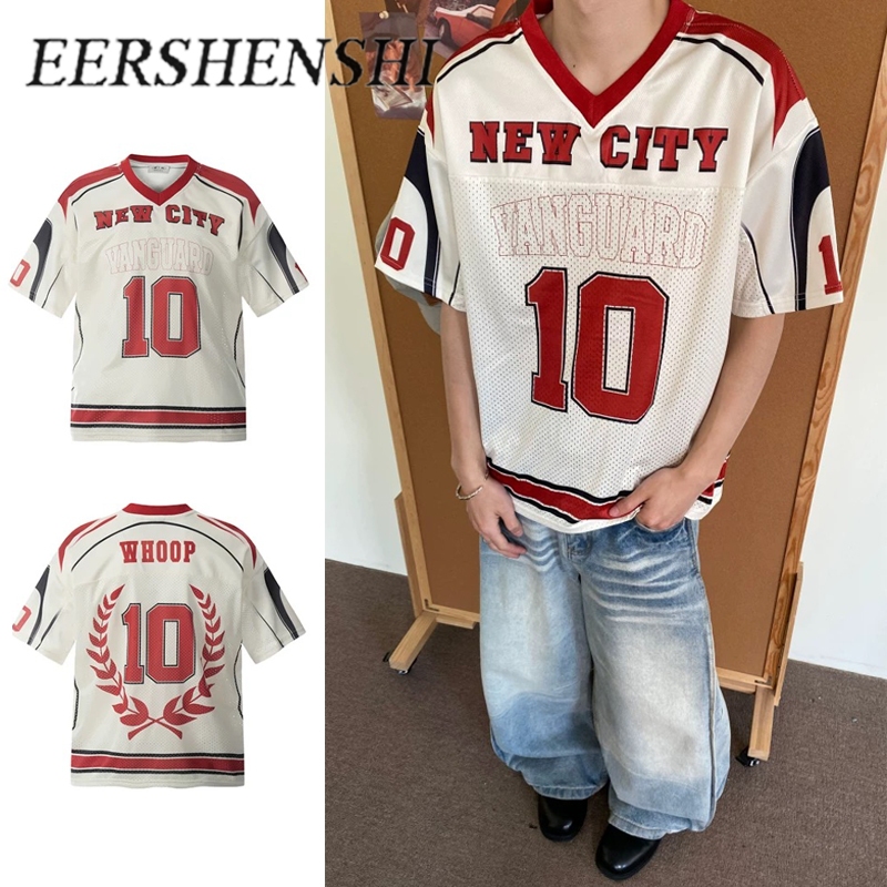 EERSHENSHI เสื้อยืดแขนสั้นพิมพ์ลาย Jersey American Retro Grid Street Tops ฤดูร้อน