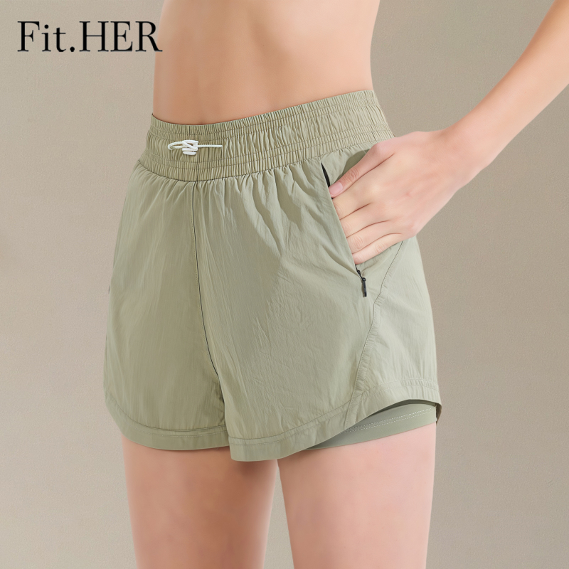 Fit.HER  กางเกงกีฬาขาสั้น มีซิป ทรงหลวม แห้งเร็ว ไม่ซีดจาง สองชิ้น สําหรับผู้หญิง ใส่เล่นโยคะ ฟิตเนส