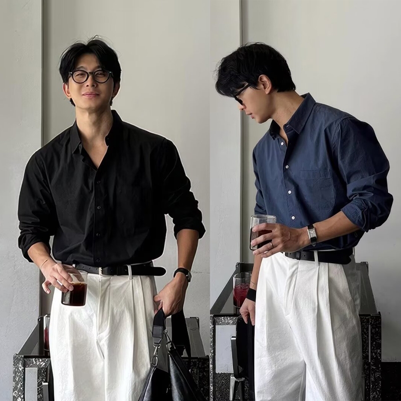 [ม-3เอ็กแอล] เสื้อเชิ้ตแขนยาวปกกระดุมสไตล์อเมริกันสำหรับผู้ชาย ฤดูใบไม้ผลิและฤดูใบไม้ร่วง เสื้อเชิ้ตดีไซน์ลำลองสำหรับผู้ชาย สีน้ำตาล ขาว กากี น้ำเงิน ดำ เสื้อเชิ้ตสีกลาง