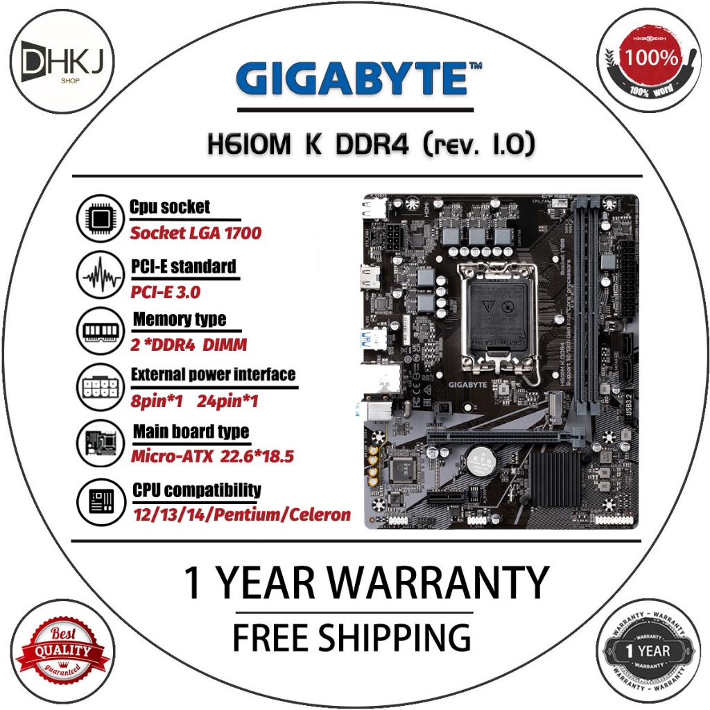 ใช้ Gigabyte H610M-K D4 เดสก์ท็อปเดิมสําหรับ Intel H610 DDR4 เมนบอร์ด M.2 NVMe SSD LGA 1700 รองรับ 1