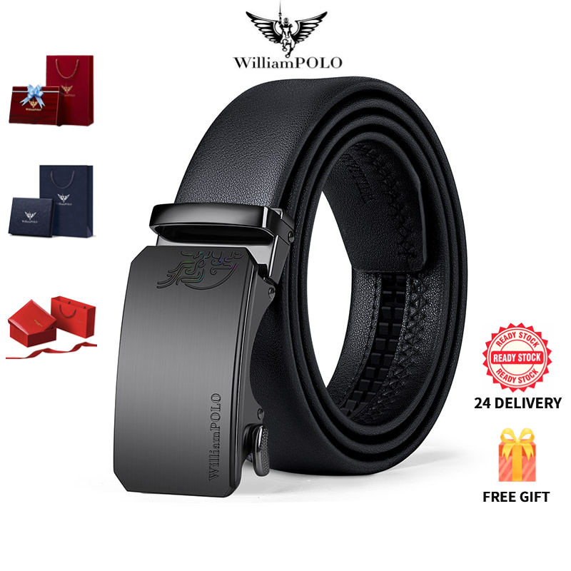 เข็มขัดผู้ชาย William Polo หัวเข็มขัดอัตโนมัติ แฟชั่นหนังแท้ แถมฟรี กล่องของขวัญสุดหรู  Men's Belt - Automatic Buckle Genuine Leather , Premium Gift Box Included
