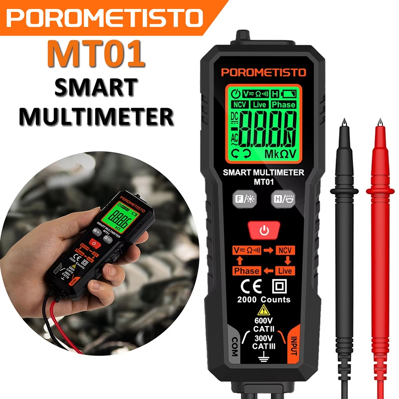 POROMETISTO Mt01 มัลติมิเตอร์แบบดิจิตอล AC/DC Vottage Current เครื่องทดสอบอัตโนมัติ 2000 นับโอห์มแอมป์มิเตอร์มือถือ Multimetro