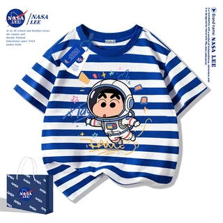 【สินค้ามีในสต็อก】เสื้อยืดเด็ก NASA สีขาว ผ้าฝ้าย 100% ลายชินจังนักบินอวกาศ (Crayon Shin-chan Astronaut)