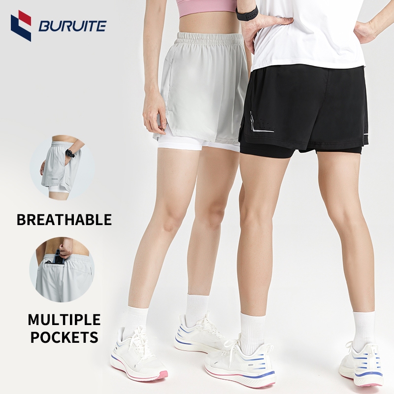 BURUITEกางเกงวิ่ง 2IN1 มีซับใน กางเกงขาสั้น ผ้าร่มแห้งไว ใส่ออกกำลังกาย แบบชายและหญิง